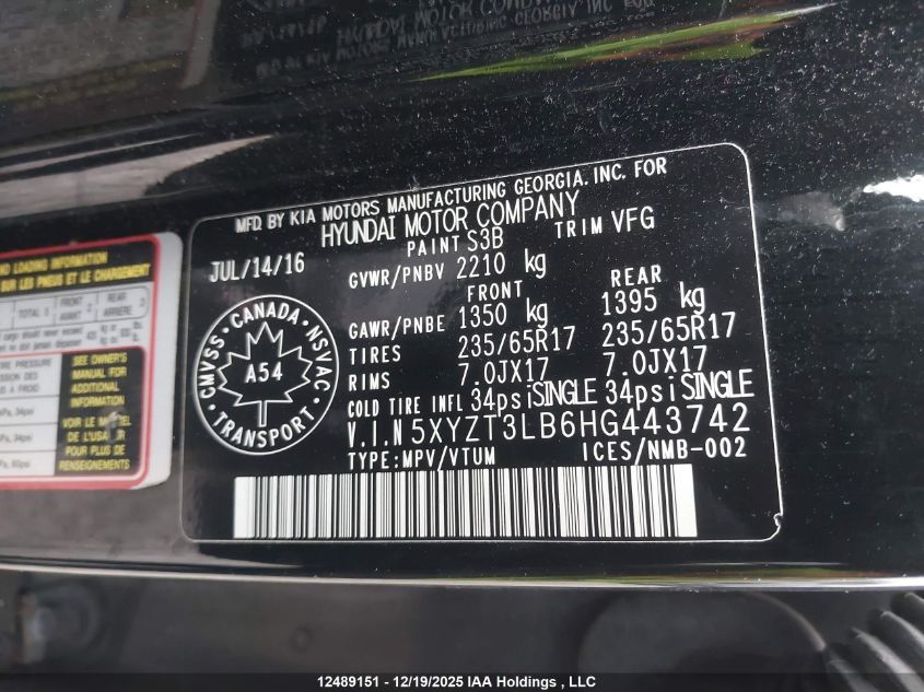 2017 Hyundai Santa Fe Sport VIN: 5XYZT3LB6HG443742 Lot: 12489151