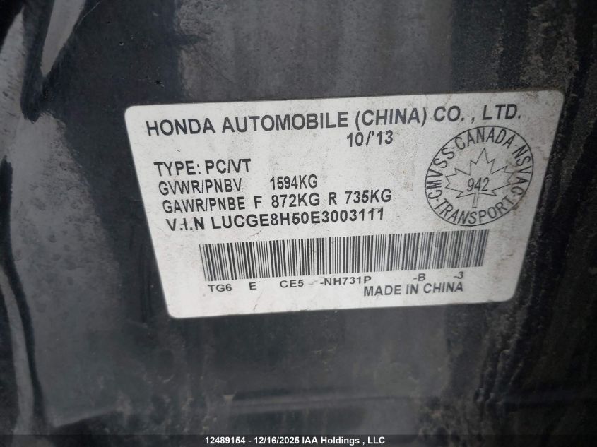 2014 Honda Fit Lx VIN: LUCGE8H50E3003111 Lot: 12489154