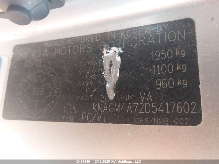 2013 Kia Optima Lx/Lx+ VIN: KNAGM4A72D5417602 Lot: 12489190