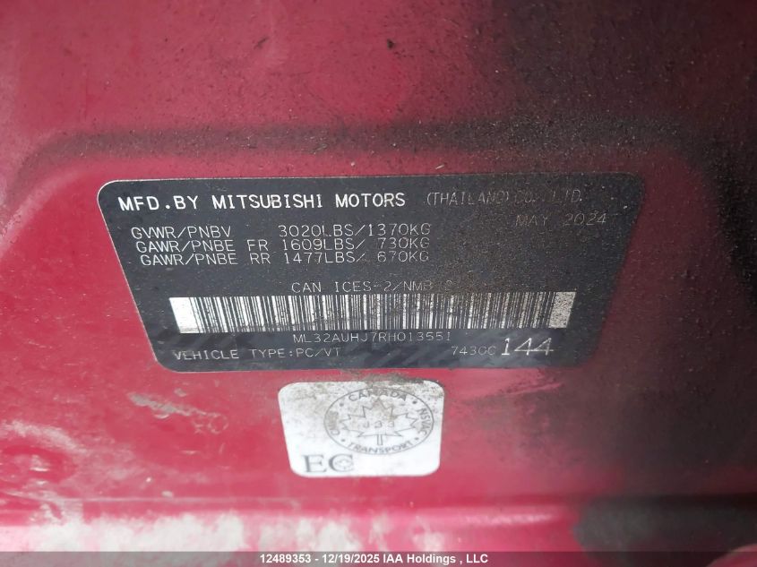 2024 Mitsubishi Mirage Es VIN: ML32AUHJ7RH013551 Lot: 12489353
