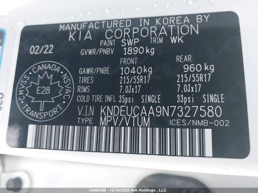 2022 Kia Seltos Ex VIN: KNDEUCAA9N7327580 Lot: 12489356