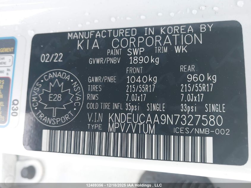 2022 Kia Seltos Ex VIN: KNDEUCAA9N7327580 Lot: 12489356