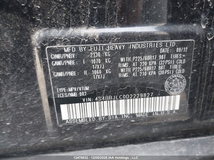 2013 Subaru Outback 3.6R Limited Package VIN: 4S4BRJLC0D2229827 Lot: 12476832X