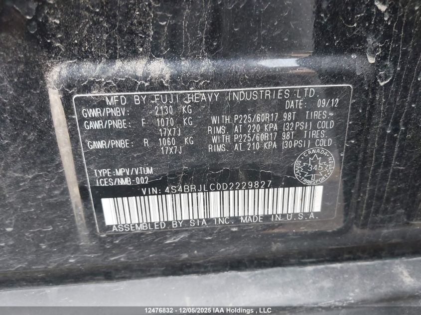 2013 Subaru Outback 3.6R Limited Package VIN: 4S4BRJLC0D2229827 Lot: 12476832X