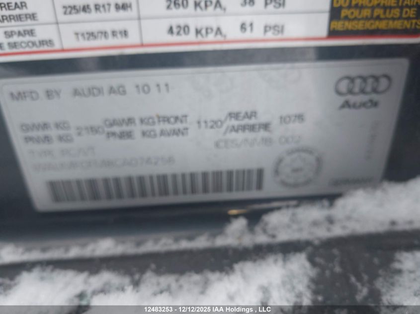 2012 Audi A3 2.0T Progressiv VIN: WAUMFCFM8CA074256 Lot: 12483253X