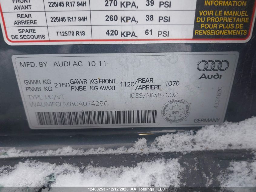 2012 Audi A3 2.0T Progressiv VIN: WAUMFCFM8CA074256 Lot: 12483253X