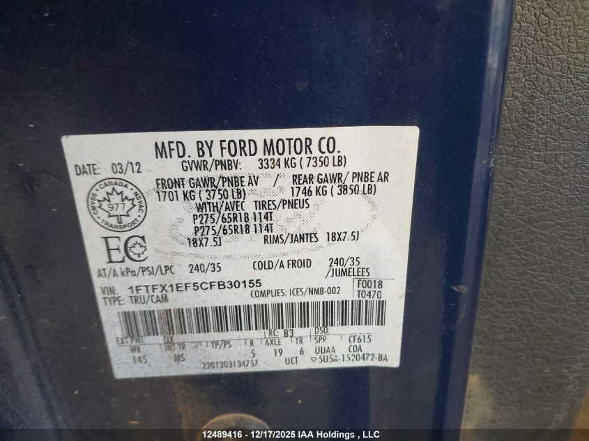 2012 Ford F-150 Xlt VIN: 1FTFX1EF5CFB30155 Lot: 12489416