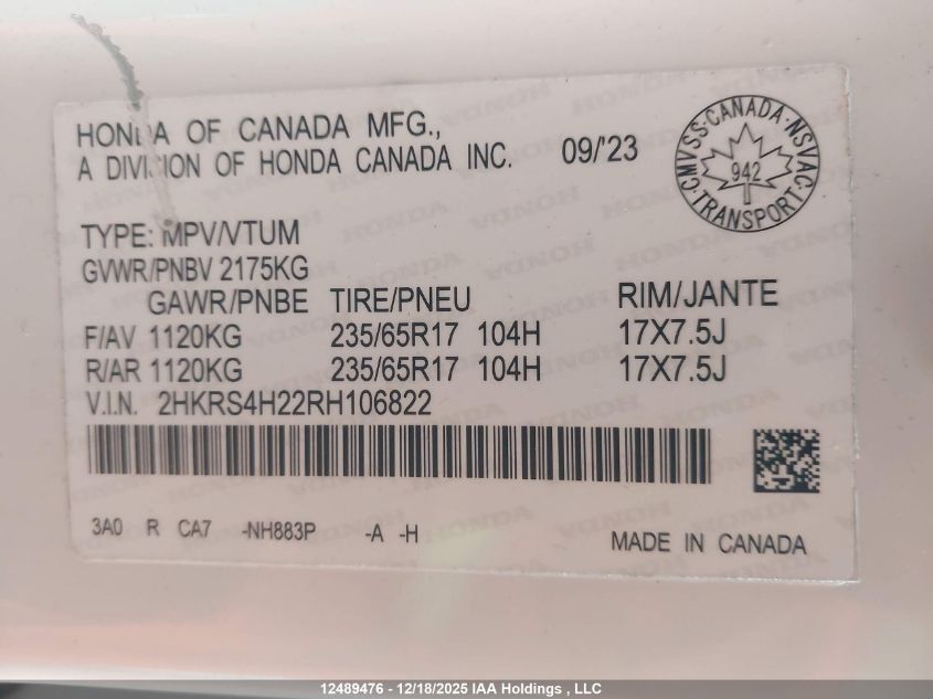 2024 Honda Cr-V Lx-B VIN: 2HKRS4H22RH106822 Lot: 12489476