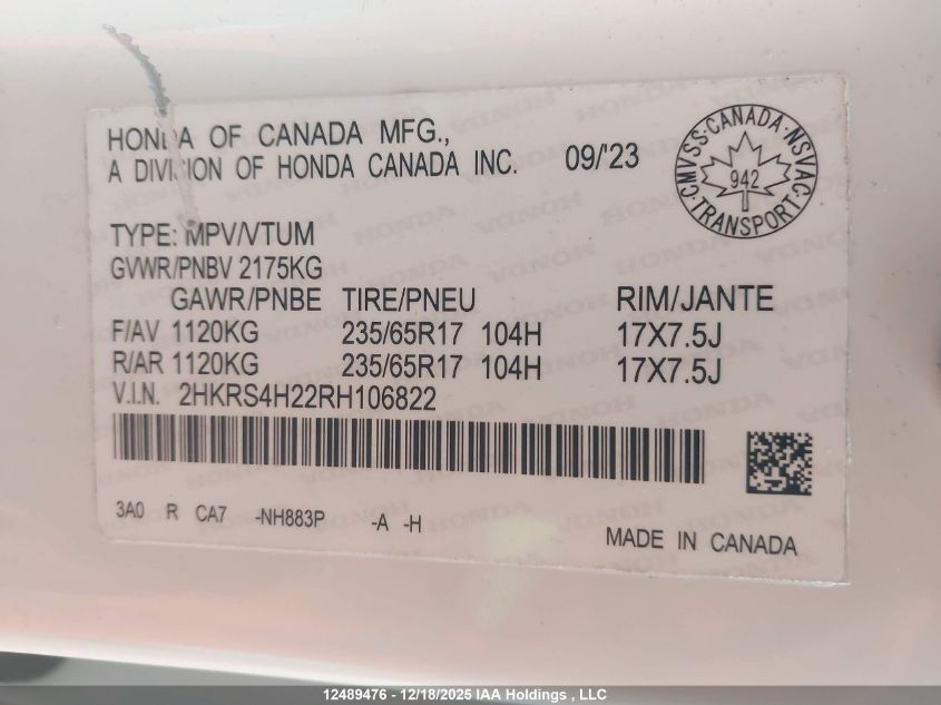 2024 Honda Cr-V Lx-B VIN: 2HKRS4H22RH106822 Lot: 12489476