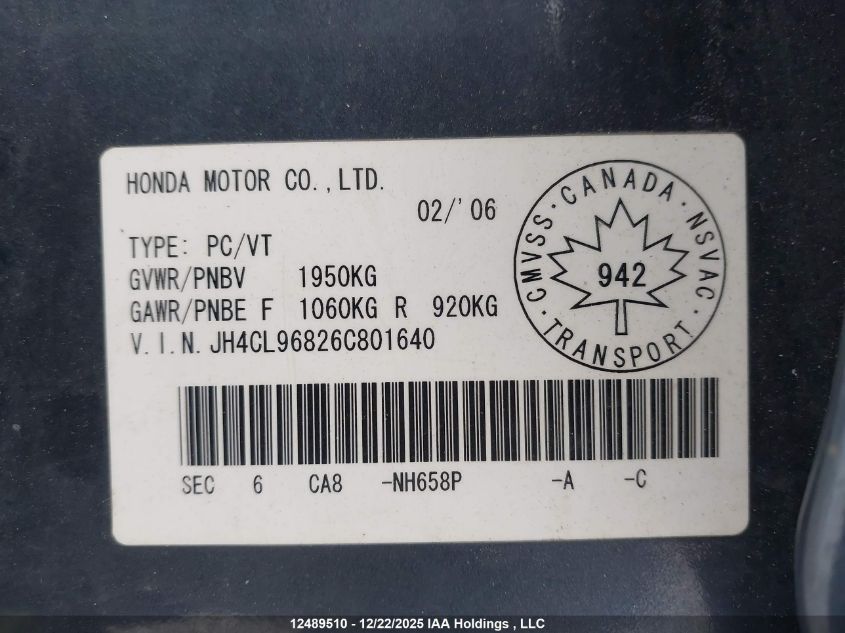 2006 Acura Tsx VIN: JH4CL96826C801640 Lot: 12489510