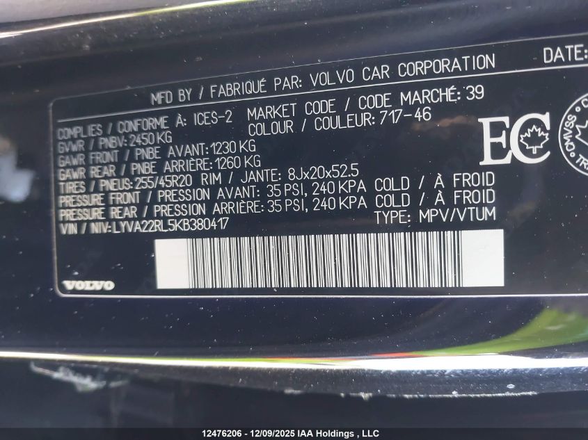 2019 Volvo Xc60 T6 Inscription VIN: LYVA22RL5KB380417 Lot: 12476206X