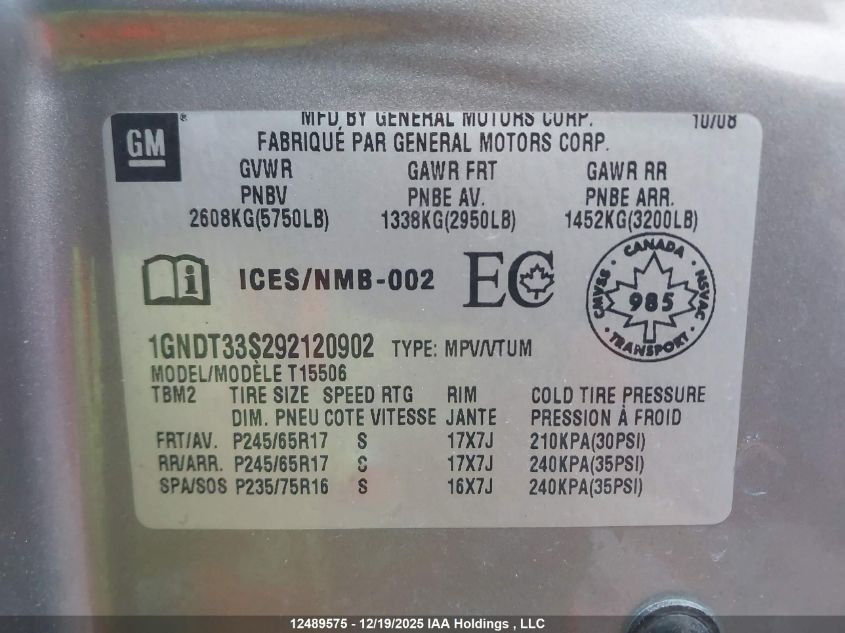 2009 Chevrolet Trailblazer Lt1/Lt3 VIN: 1GNDT33S292120902 Lot: 12489575