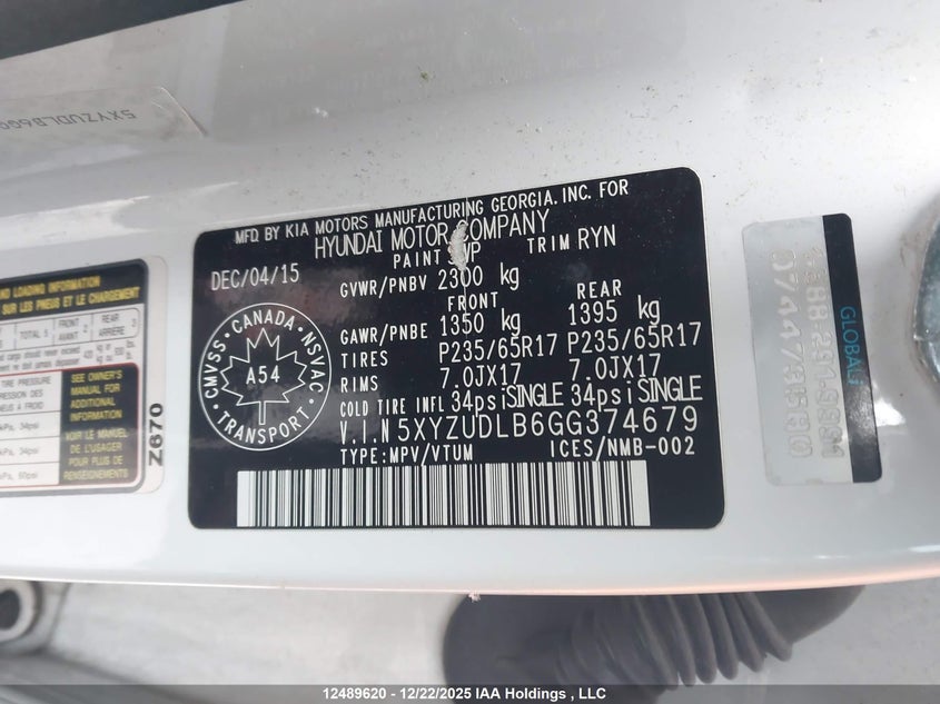 2016 Hyundai Santa Fe VIN: 5XYZUDLB6GG374679 Lot: 12489620