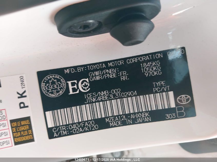 2020 Toyota Corolla Se/Xse VIN: JTNK4RBE3L3102904 Lot: 12489671