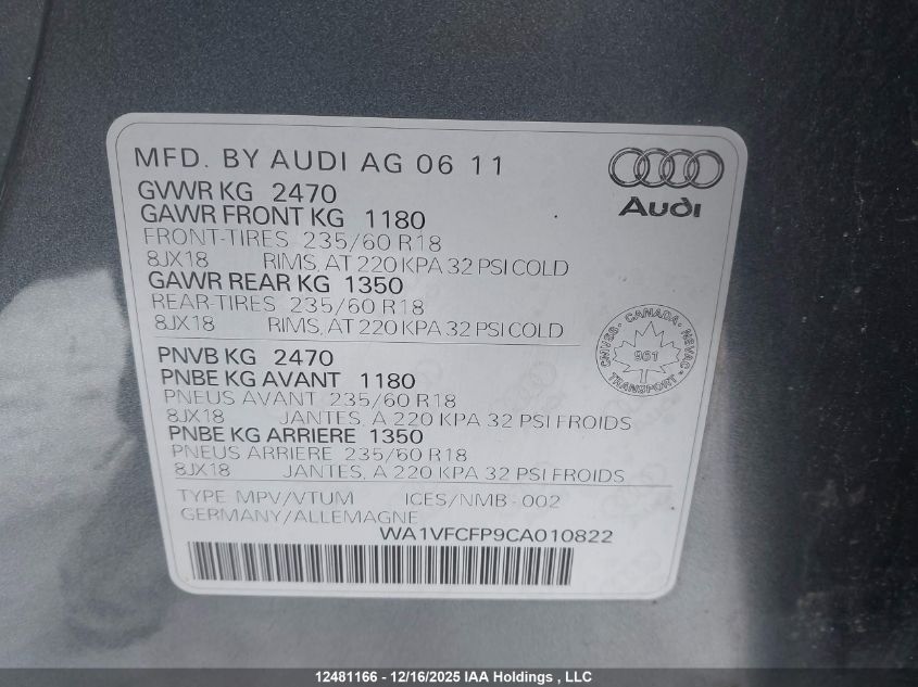 2012 Audi Q5 2.0T Premium Plus VIN: WA1VFCFP9CA010822 Lot: 12481166X