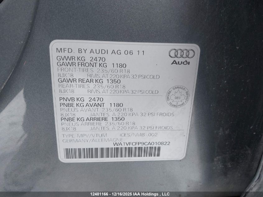 2012 Audi Q5 2.0T Premium Plus VIN: WA1VFCFP9CA010822 Lot: 12481166X