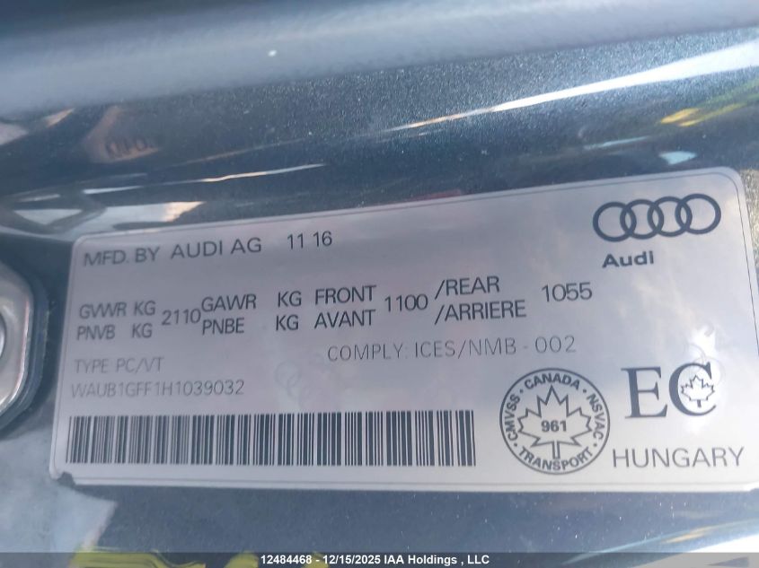 2017 Audi S3 2.0T Progressiv VIN: WAUB1GFF1H1039032 Lot: 12484468X