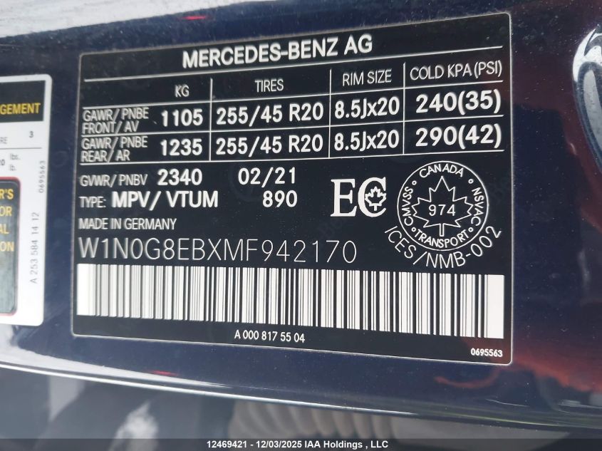 2021 Mercedes-Benz Glc 300 4Matic VIN: W1N0G8EBXMF942170 Lot: 12469421X