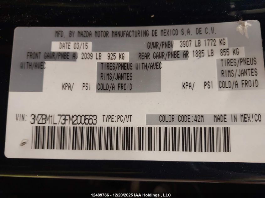 2015 Mazda 3 Touring VIN: 3MZBM1L73FM200563 Lot: 12489786