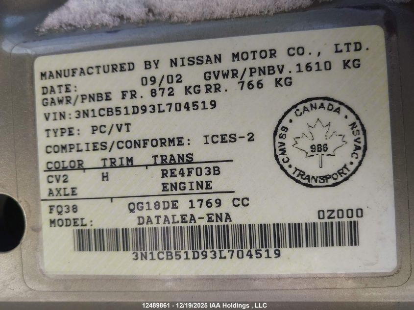 2003 Nissan Sentra Xe/Gxe VIN: 3N1CB51D93L704519 Lot: 12489861