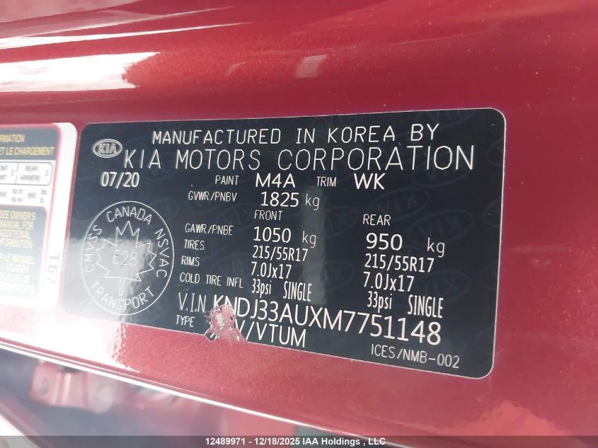 2021 Kia Soul Ex/Ex Premium/Ex+/Gt-Line Limited VIN: KNDJ33AUXM7751148 Lot: 12489971