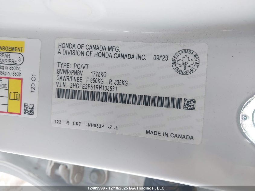 2024 Honda Civic Sedan VIN: 2HGFE2F51RH103531 Lot: 12489999