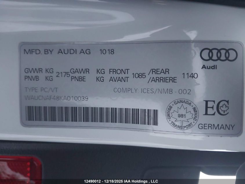 2019 Audi A4 Allroad 45 Technik VIN: WAUCNAF48KA010039 Lot: 12490012