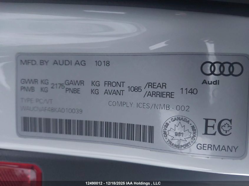 2019 Audi A4 Allroad 45 Technik VIN: WAUCNAF48KA010039 Lot: 12490012
