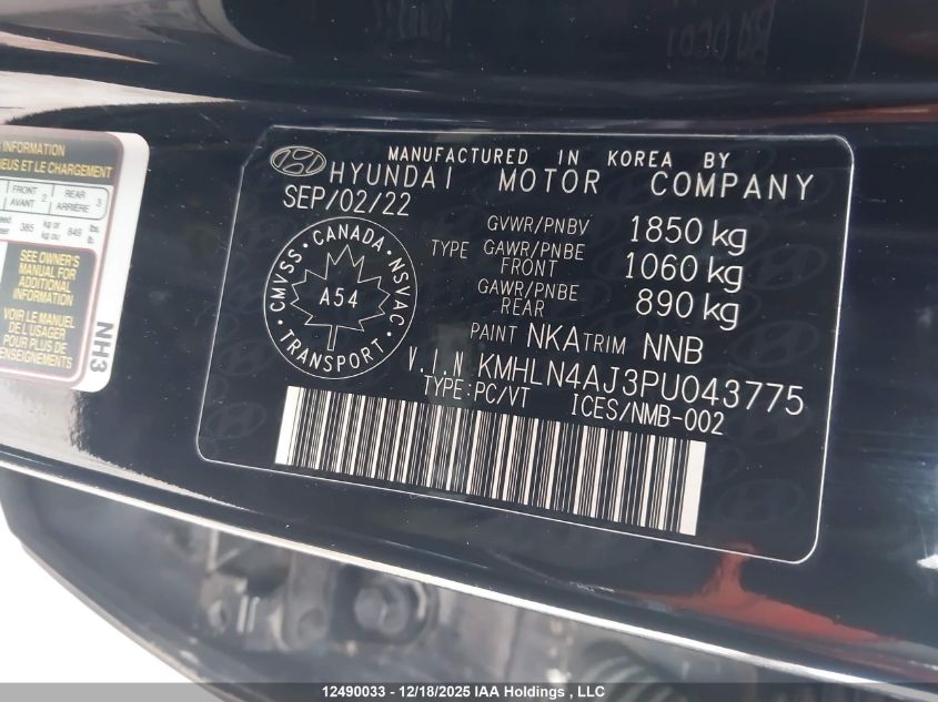 2023 Hyundai Elantra Hybrid Luxury VIN: KMHLN4AJ3PU043775 Lot: 12490033