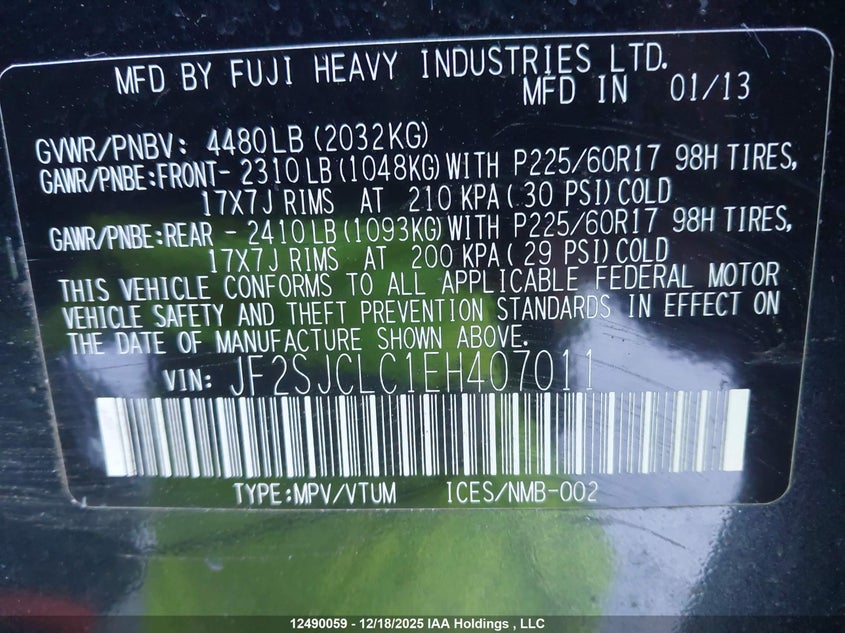 2014 Subaru Forester 2.5I Touring Package VIN: JF2SJCLC1EH407011 Lot: 12490059