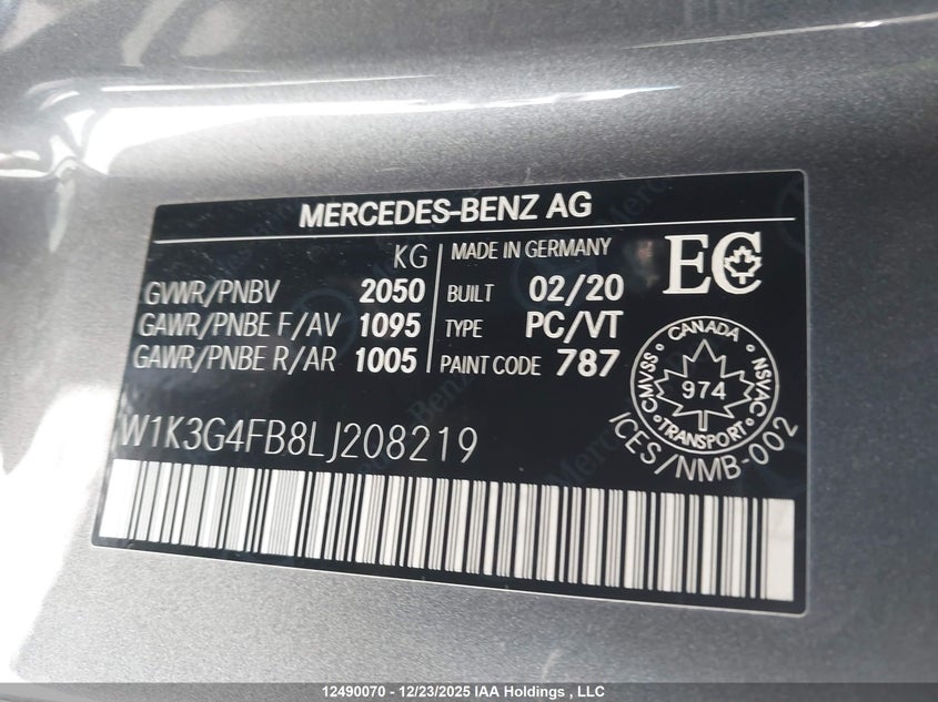 2020 Mercedes-Benz A 220 4Matic VIN: W1K3G4FB8LJ208219 Lot: 12490070