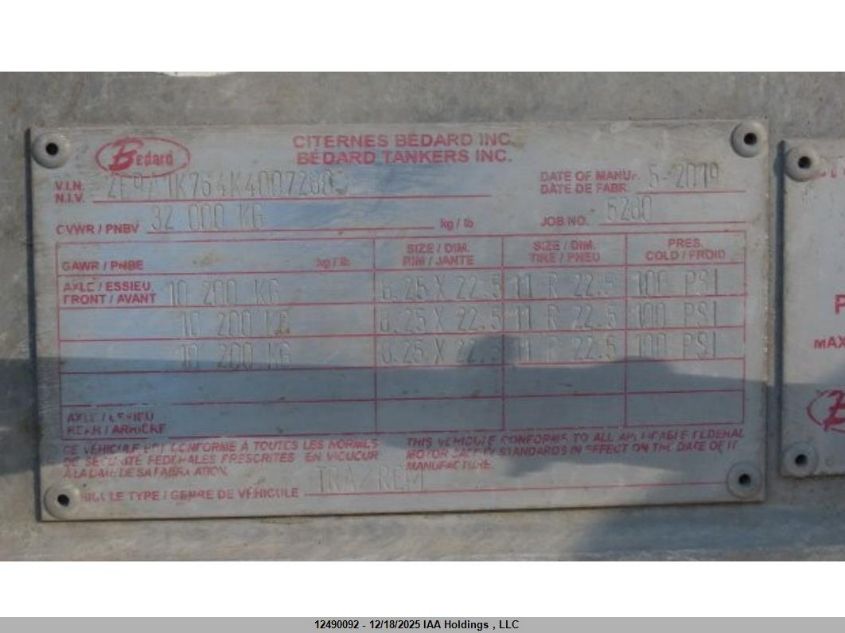 2019 Bedard Tankers Inc Tanker VIN: 2B9A1K764K4007280 Lot: 12490092