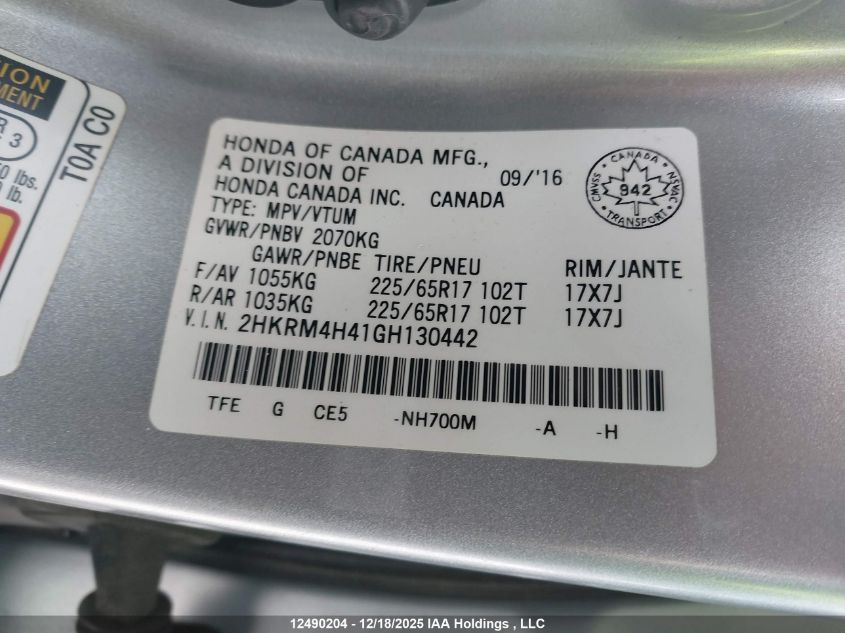 2016 Honda Cr-V Se VIN: 2HKRM4H41GH130442 Lot: 12490204