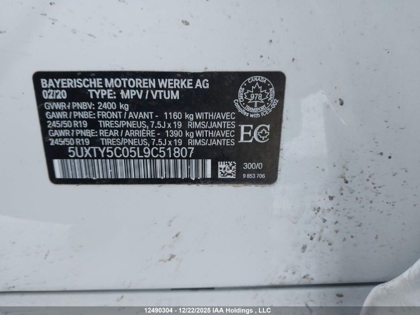 2020 BMW X3 xDrive30I VIN: 5UXTY5C05L9C51807 Lot: 12490304