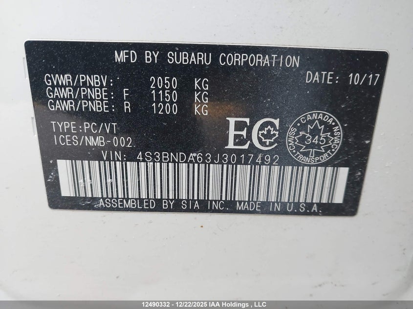 2018 Subaru Legacy VIN: 4S3BNDA63J3017492 Lot: 12490332