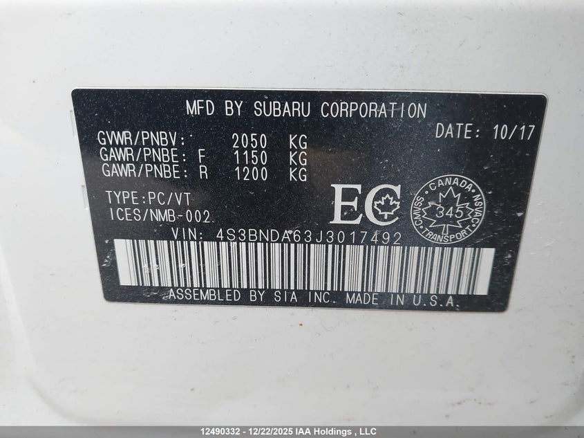 2018 Subaru Legacy VIN: 4S3BNDA63J3017492 Lot: 12490332