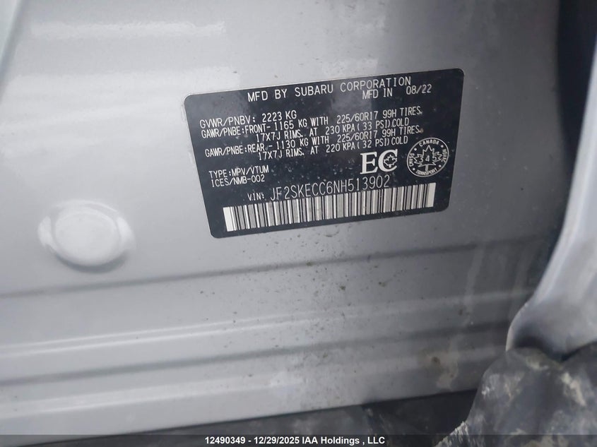 2022 Subaru Forester VIN: JF2SKECC6NH513902 Lot: 12490349