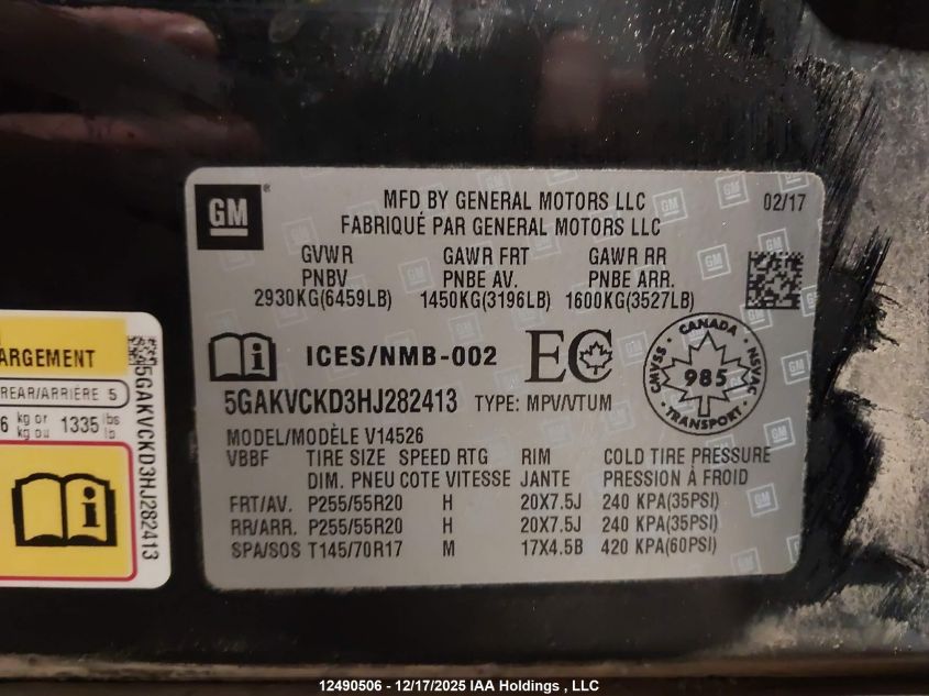 2017 Buick Enclave VIN: 5GAKVCKD3HJ282413 Lot: 12490506