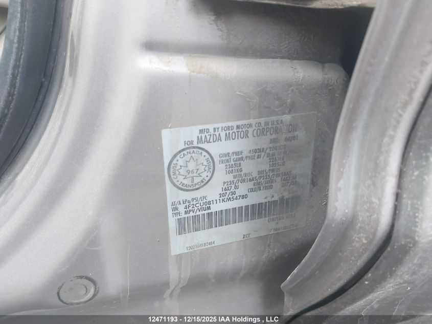 2001 Mazda Tribute Es V6/Lx V6 VIN: 4F2CU08111KM54780 Lot: 12471193X