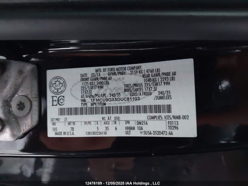 2013 Ford Escape Se VIN: 1FMCU9GX5DUC81103 Lot: 12476189X