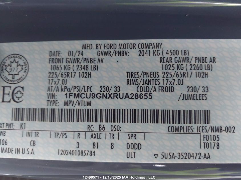 2024 Ford Escape Active VIN: 1FMCU9GNXRUA28655 Lot: 12490571