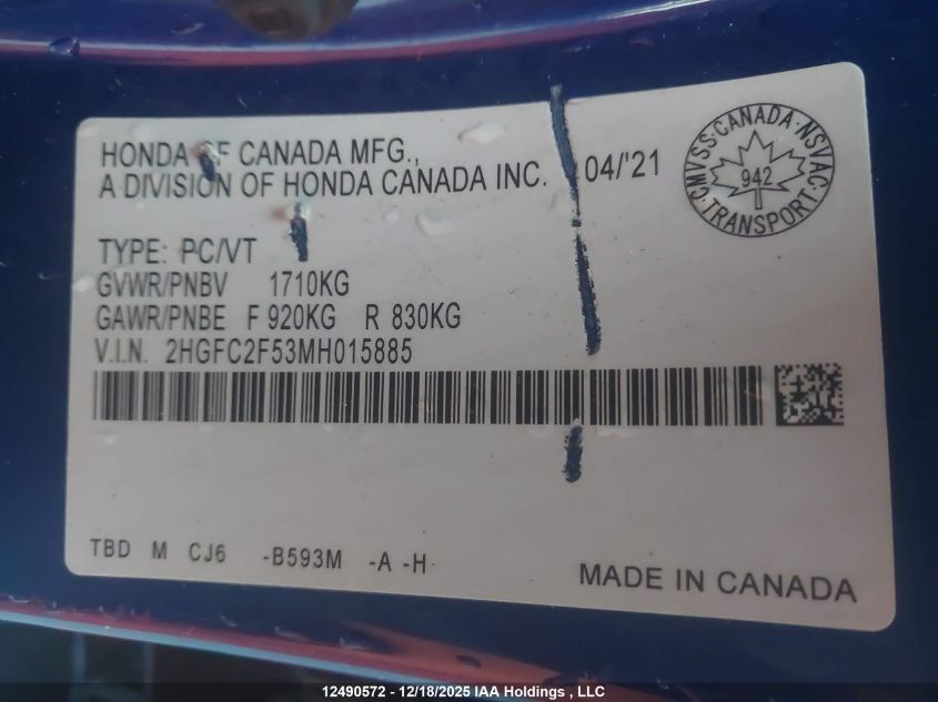 2021 Honda Civic Lx VIN: 2HGFC2F53MH015885 Lot: 12490572