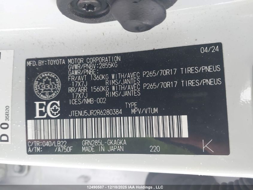 2024 Toyota 4Runner Sr5/Sr5 Premium/Limited/Trd Sport/Trd Off Road/Trd Off Road Premium/Trd Pro VIN: JTENU5JR2R6280384 Lot: 12490587