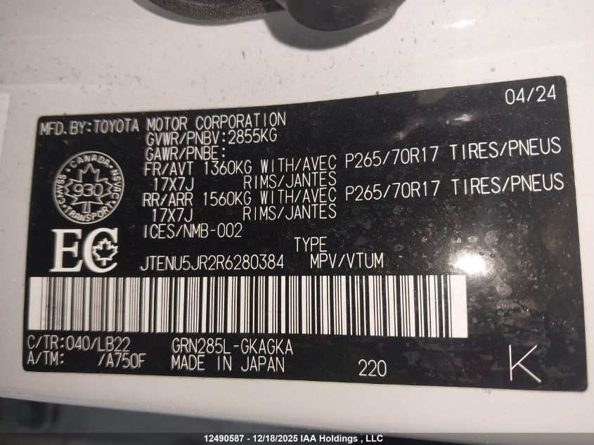 2024 Toyota 4Runner Sr5/Sr5 Premium/Limited/Trd Sport/Trd Off Road/Trd Off Road Premium/Trd Pro VIN: JTENU5JR2R6280384 Lot: 12490587