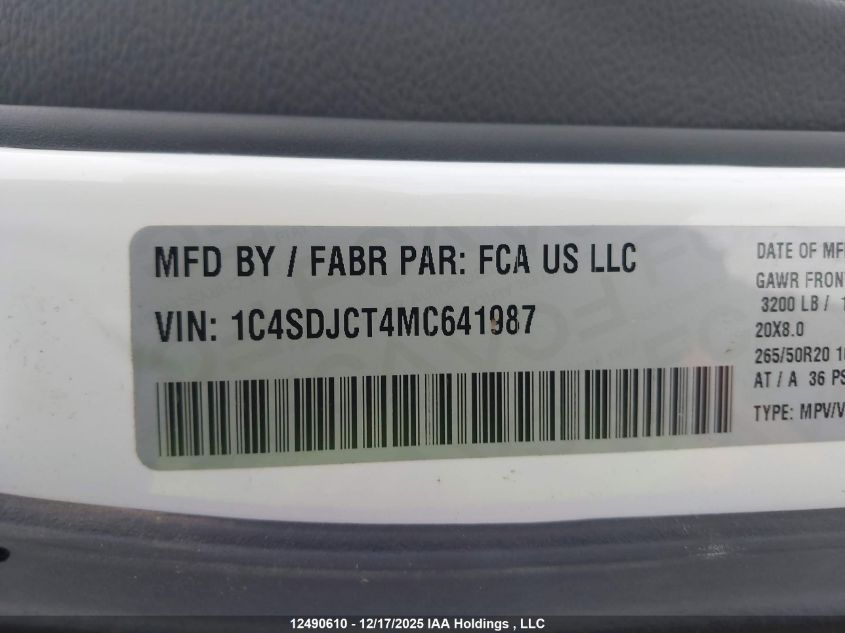 2021 Dodge Durango R/T VIN: 1C4SDJCT4MC641987 Lot: 12490610