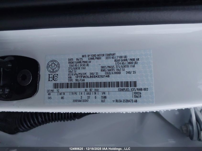 2025 Ford F150 Xlt VIN: 1FTFW3L86SKE52148 Lot: 12490625