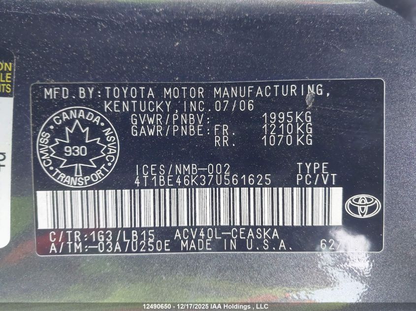 2007 Toyota Camry Ce/Le/Xle/Se VIN: 4T1BE46K37U561625 Lot: 12490650