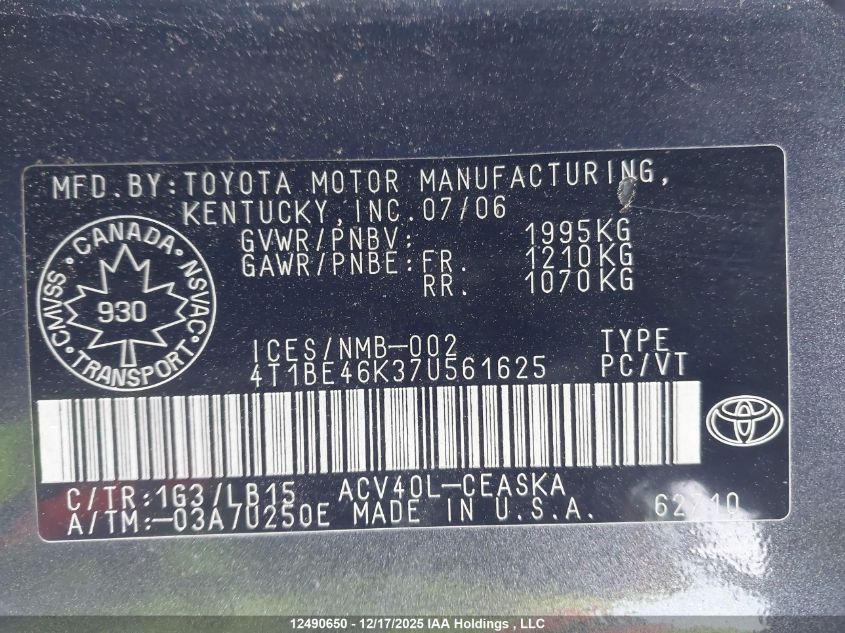 2007 Toyota Camry Ce/Le/Xle/Se VIN: 4T1BE46K37U561625 Lot: 12490650