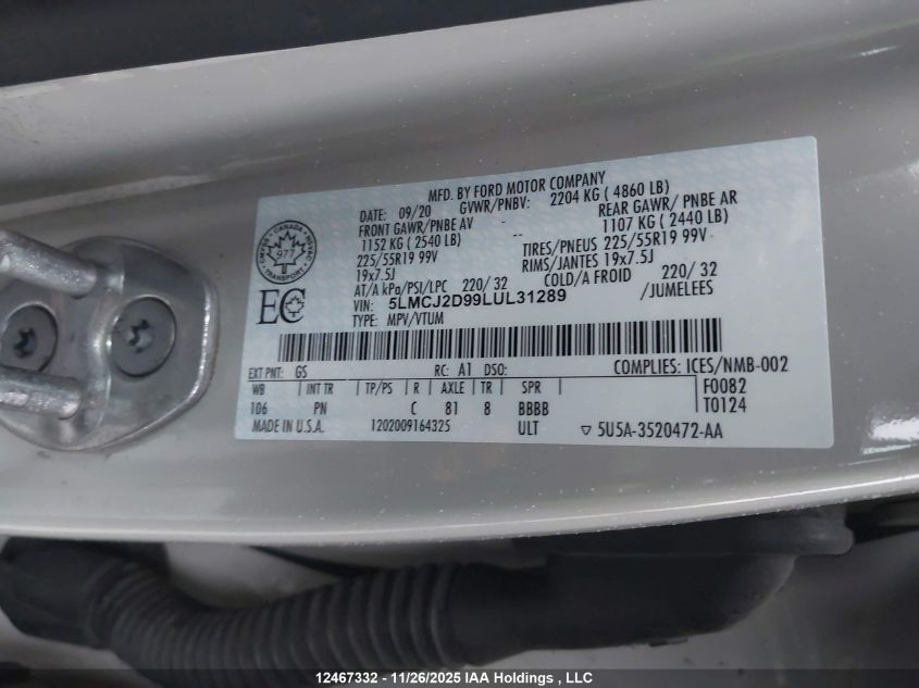 2020 Lincoln Corsair Reserve VIN: 5LMCJ2D99LUL31289 Lot: 12467332X