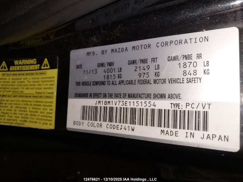 2014 Mazda Mazda3 Gs-Sky VIN: JM1BM1V73E1151554 Lot: 12476621X